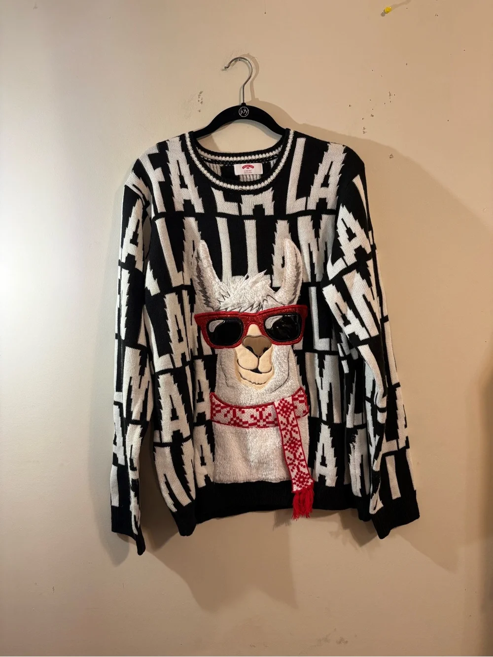 Holiday Time Fa La Llama ugly Christmas sweater llama black white festive large